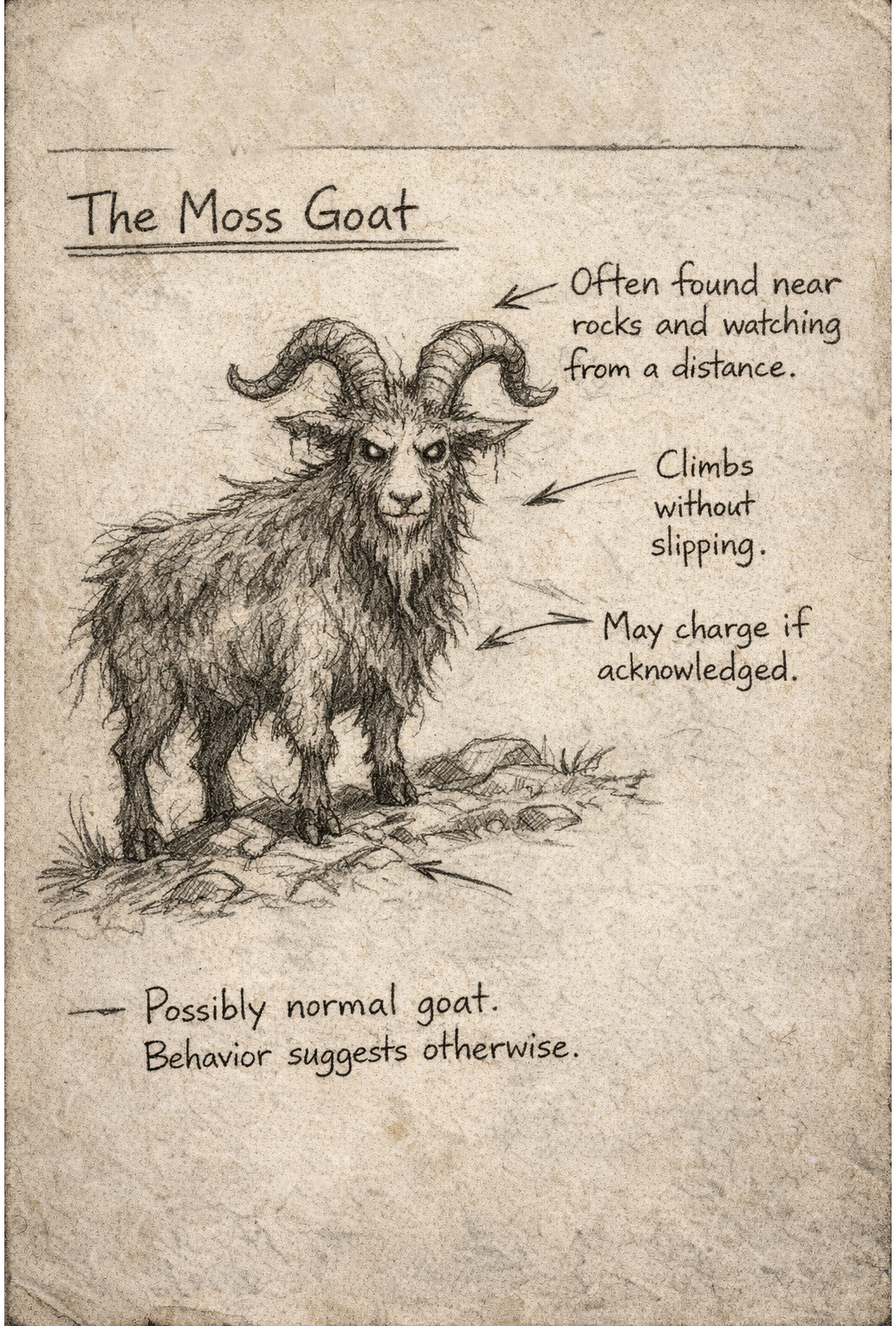Alex's drawing of an ominous goat from the Moss Realm